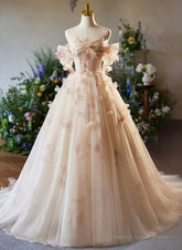 A-line Floral Champagne Tulle Long Prom Dress, Elegant A-Line Formal Evening Dress