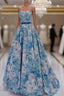 A-Line Flower Satin Blue Long Evening Prom Dress, Blue Long Evening Dress