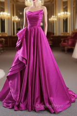 A-line Fuchsia Satin Strapless Pleats Evening Prom Dress
