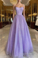 A Line Glitter Tulle Evening Prom Dress with Pockets