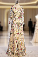 A-Line Gold Tulle Embroidery Long Sleeve Evening Prom Dress