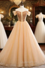 A-Line Gold Tulle Off the Shoulder Beading Evening Prom Dress