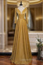 A-Line Gold V-neck Long Sleeve Evening Prom Dress