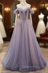 A-line Gray Blue Tulle Beading Evening Prom Dress