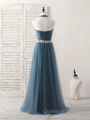 A-Line Gray Blue Tulle Long Bridesmaid Dress Floor-Length Beading Evening Prom Dress Elegant