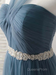 A-Line Gray Blue Tulle Long Bridesmaid Dress Floor-Length Beading Evening Prom Dress Elegant
