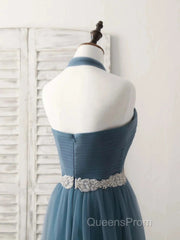 A-Line Gray Blue Tulle Long Bridesmaid Dress Floor-Length Beading Evening Prom Dress Elegant