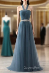 A-Line Gray Blue Tulle Long Bridesmaid Dress Floor-Length Beading Evening Prom Dress Elegant