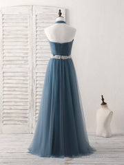 A-Line Gray Blue Tulle Long Bridesmaid Dress Gray Blue Prom Dress