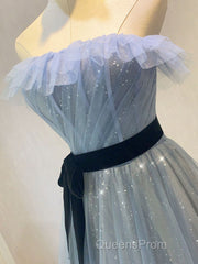 A-Line Gray Blue Tulle Long Evening Prom Dress, Gray Blue Long Formal Dress