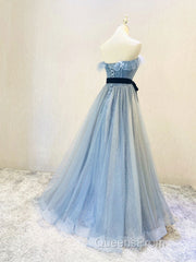 A-Line Gray Blue Tulle Long Evening Prom Dress, Gray Blue Long Formal Dress