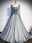 A Line Gray Long Evening Prom Dress, Tulle Gray Evening Graduation Dress with Beading
