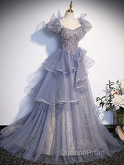 A-Line Gray Sequin Long Evening Prom Dress, Sequin Tulle Formal Evening Dress