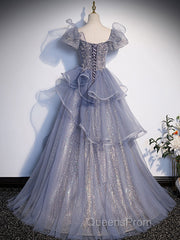 A-Line Gray Sequin Long Evening Prom Dress, Sequin Tulle Formal Evening Dress