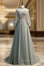 A-Line Gray Tulle Long Sleeve High Neck Backless Beading Evening Prom Dress