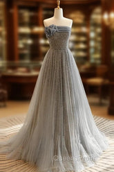 A-Line Gray Tulle Sequin Long Evening Prom Dress, Gray Long Evening Dress