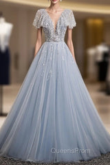 A-Line Gray Tulle Sequins Evening Prom Dress