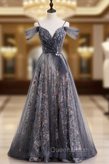 A-Line Gray Tulle Sequins Spaghetti Straps Evening Prom Dress