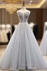 A-Line Gray Tulle Sweetheart Beading Evening Prom Dress