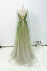 A-Line Green Gradient Tulle Long Sleeves Party Dress, V-Neckline Green Formal Dress Evening Prom Dress