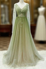 A-Line Green Gradient Tulle Long Sleeves Party Dress, V-Neckline Green Formal Dress Evening Prom Dress
