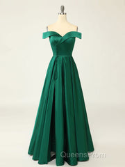 A-Line Green Off Shoulder Long Evening Prom Dress, Green Formal Evening Dress