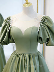 A-Line Green Puffy Sleeve Satin Short Evening Prom Dress, Green Short Evening Dress