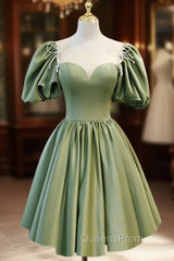 A-Line Green Puffy Sleeve Satin Short Evening Prom Dress, Green Short Evening Dress