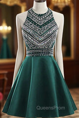 A-Line Green Satin Crystal Short Homecoming Dress