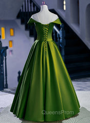 A-Line Green Satin Floor Length Party Dress, Green Long Evening Dress