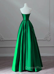 A-line Green Satin Lace-up Floor Length Party Dress, Green Satin Evening Prom Dress