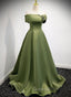 A-line Green Satin Off Shoulder Long Evening Dress, Green Floor Length Evening Prom Dress