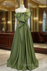 A-Line Green Satin One Shoulder Evening Prom Dress With Bow