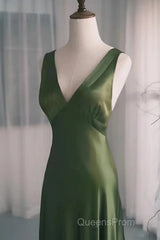 A-Line Green Satin V-Neckline Low Back Evening Prom Dress, Green Evening Dress