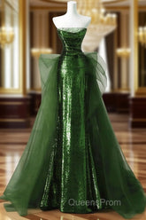 A-Line Green Sequins And Tulle Long Party Dress, Green Evening Dress Evening Dress