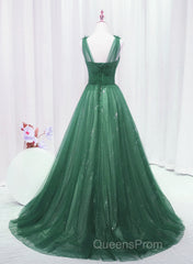 A-Line Green Sweetheart Beaded Tulle Evening Prom Dress, Green Tulle Long Evening Dress