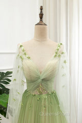 A-Line Green Tulle Gradient Long Party Dress, Green Floor Length Formal Dress