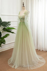 A-Line Green Tulle Gradient Long Party Dress, Green Floor Length Formal Dress