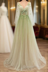 A-Line Green Tulle Gradient Long Party Dress, Green Floor Length Formal Dress