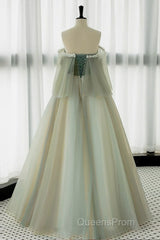 A-Line Green Tulle Lace Long Evening Prom Dress, Green Tulle Lace Long Formal Dress