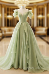 A-Line Green Tulle Long Evening Prom Dress, Green Tulle Long Evening Dress