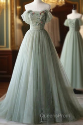 A-Line Green Tulle Long Evening Prom Dress, Green Formal Evening Dress