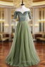 A-Line Green Tulle Velvet Short Sleeve Evening Prom Dress