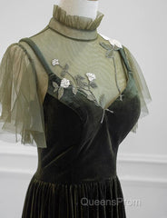 A-Line Green Velvet Long Wedding Party Dress, High Neckline Evening Prom Dress Evening Dress