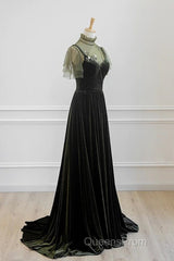 A-Line Green Velvet Long Wedding Party Dress, High Neckline Evening Prom Dress Evening Dress