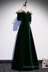 A-Line Green Velvet Spaghetti Straps Evening Prom Dress, Green Wedding Party Dress