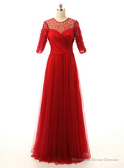 A line Half Sleeves Beaded Tulle Floor Length Red Mother Of The Bride Dresses