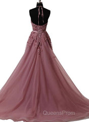 A Line Halter Neck Lace Evening Prom Dress With Sweep Train, Backless Formal Dress, Evening Dress