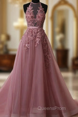 A Line Halter Neck Lace Evening Prom Dress With Sweep Train, Backless Formal Dress, Evening Dress