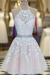 A Line Halter Neck Short Champagne Lace Evening Prom Dress, Short Champagne Lace Formal Homecoming Dress